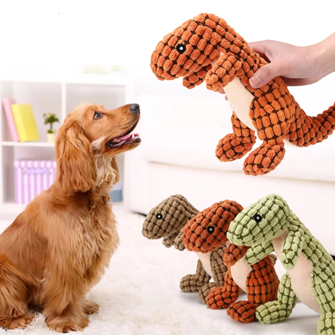 Plush dinosaur dog toy – textured chew toy for indoor play
