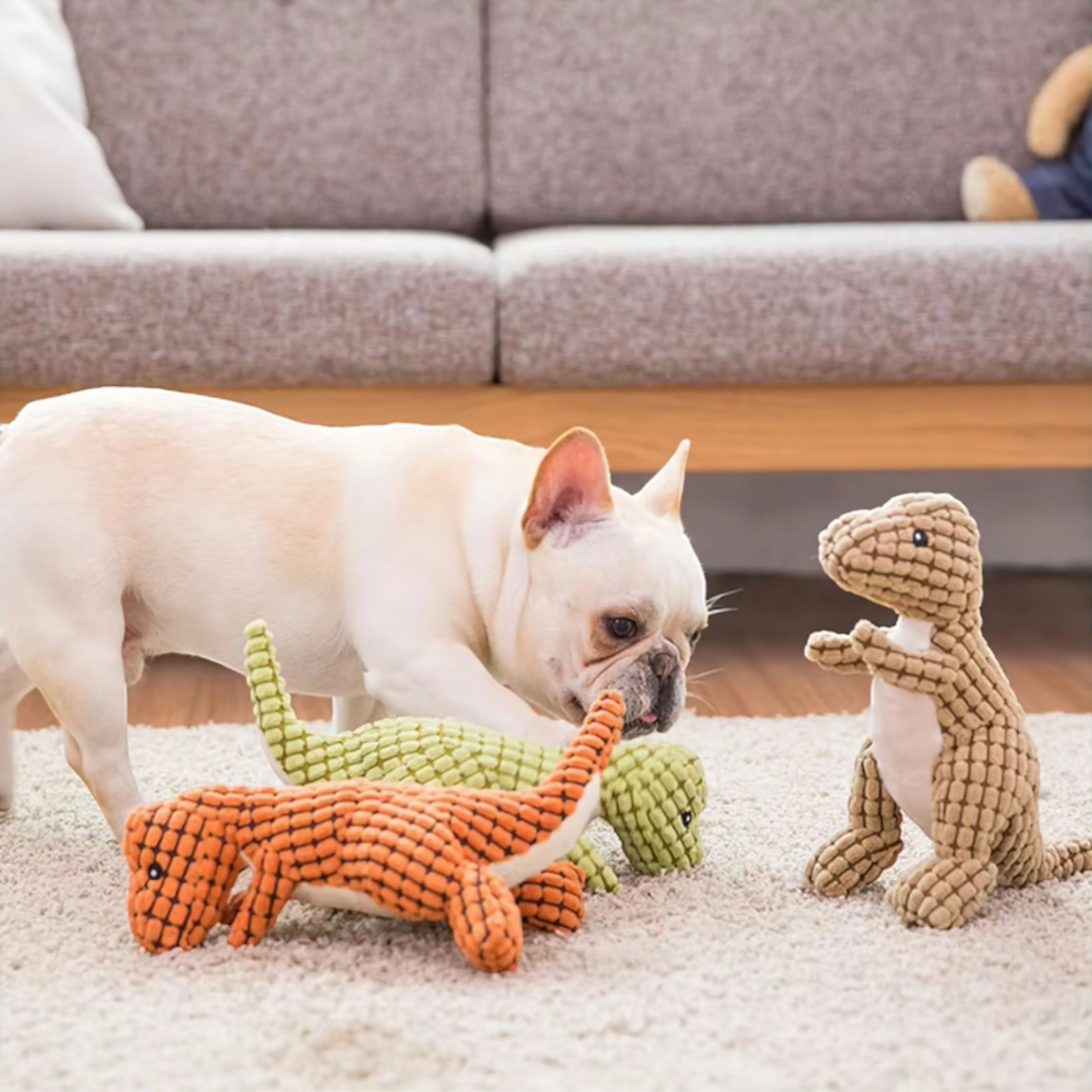 Plush dinosaur dog toy – textured chew toy for indoor play
