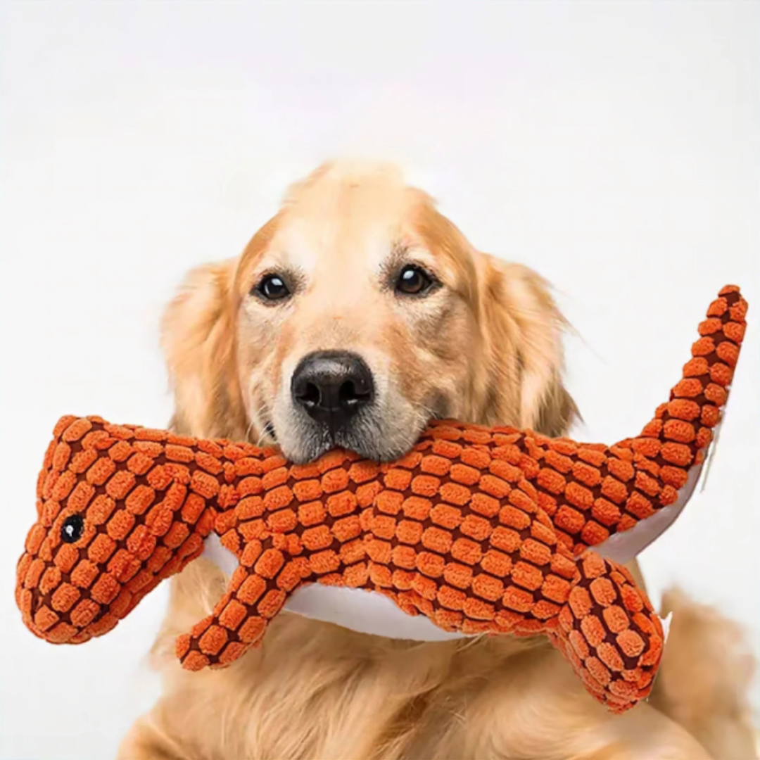 Plush dinosaur dog toy – textured chew toy for indoor play