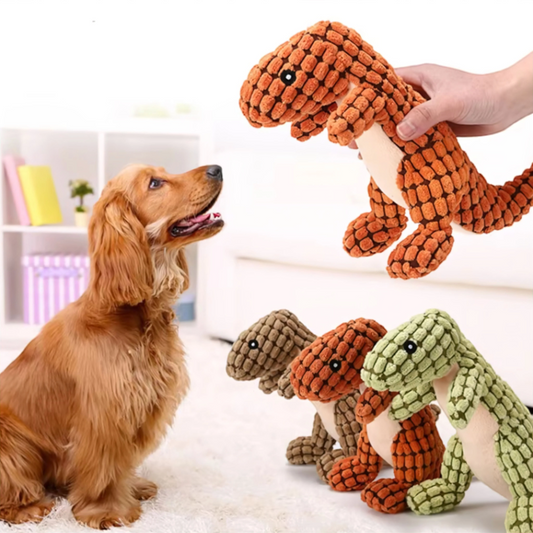 Plush dinosaur dog toy – textured chew toy for indoor play