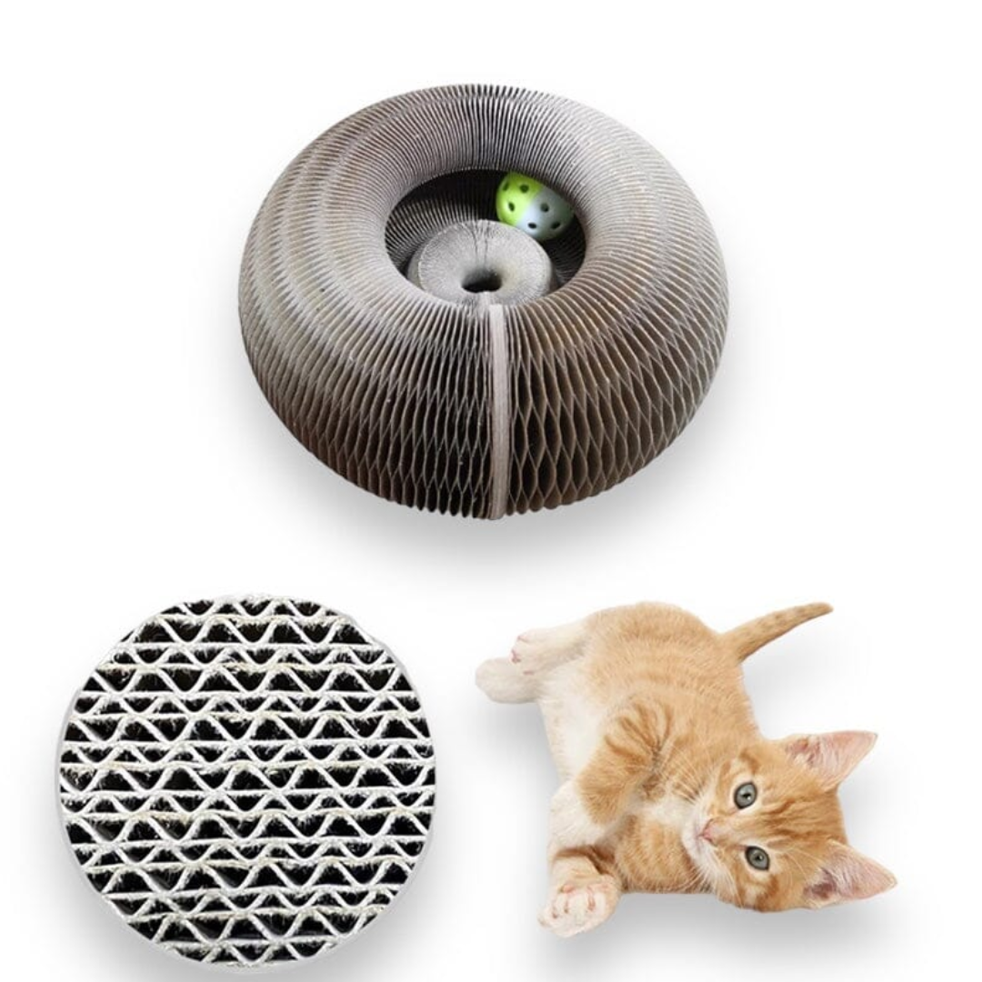 Cardboard cat toy – round scratcher with ball for indoor use