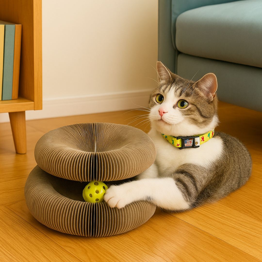 Cardboard cat toy – round scratcher with ball for indoor use