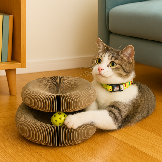 Cardboard cat toy – round scratcher with ball for indoor use